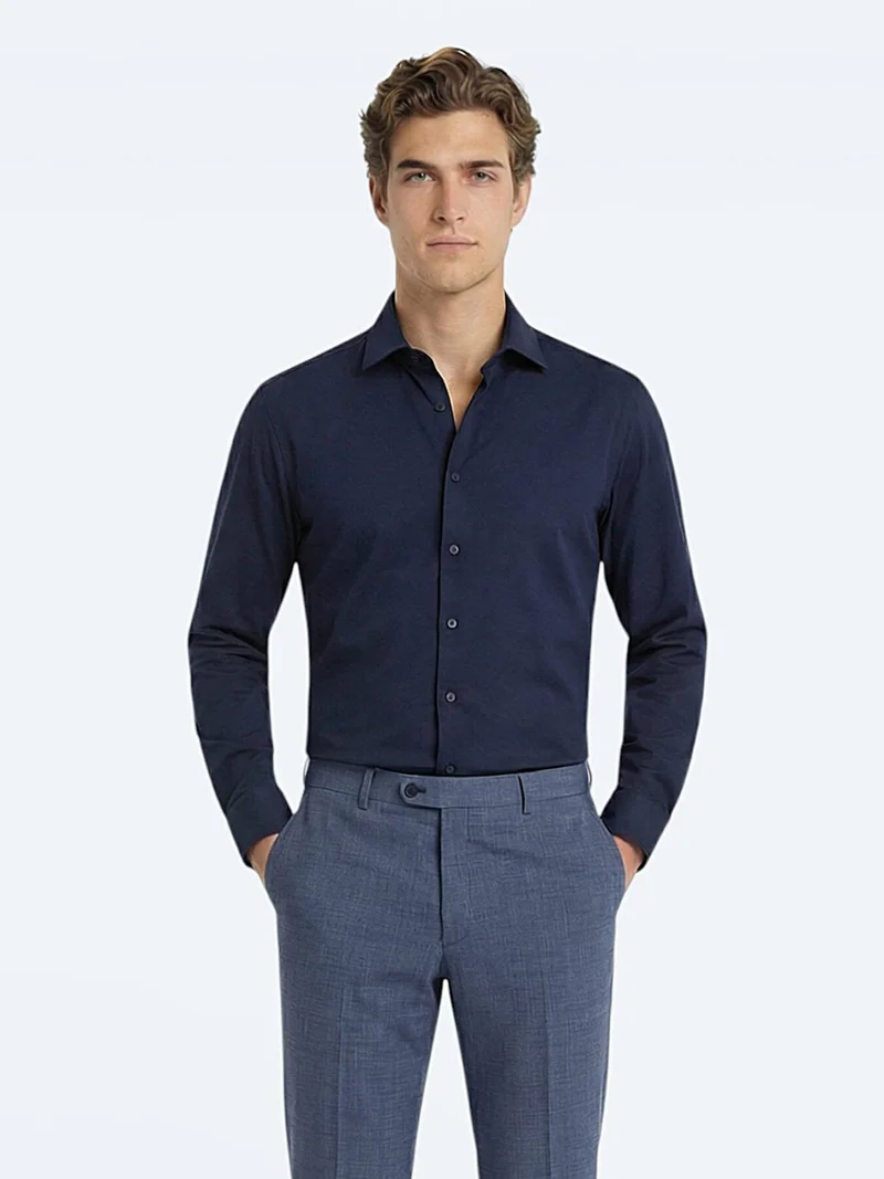 Kip Navy Blue Plain Slim Fit Long Weaving Classical Cotton Blended Shirt