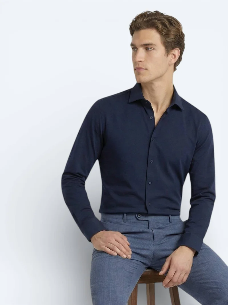 Kip Navy Blue Plain Slim Fit Long Weaving Classical Cotton Blended Shirt