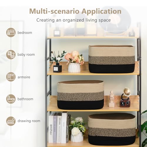 ECDYQXVU Cotton Rope Storage Basket, 15x10x9 Inches, Woven Basket for Shelves, Clothes, Toys, Towels, Books, and Laundry, Durable and Stylish, Gradient Black/Brown (1 Pack) - Image 5