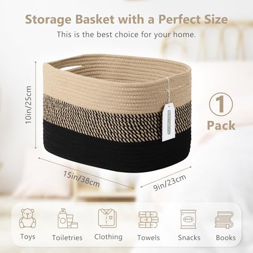 ECDYQXVU Cotton Rope Storage Basket, 15x10x9 Inches, Woven Basket for Shelves, Clothes, Toys, Towels, Books, and Laundry, Durable and Stylish, Gradient Black/Brown (1 Pack) - Image 3