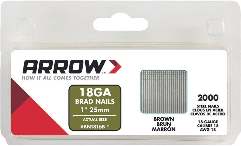 Arrow Fastener Arrow BN1816BCS 18-Gauge Steel Brad Nails for Molding, Cabinets, Framing, Trim, and Finishing, Safe to Use with Electric or Battery Powered Nailers, Brown, 1 Inch, 2000 Pack - Image 1