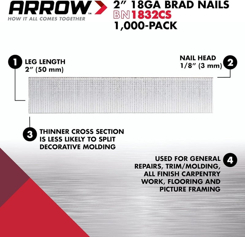 Arrow Fastener Arrow BN1816BCS 18-Gauge Steel Brad Nails for Molding, Cabinets, Framing, Trim, and Finishing, Safe to Use with Electric or Battery Powered Nailers, Brown, 1 Inch, 2000 Pack - Image 2