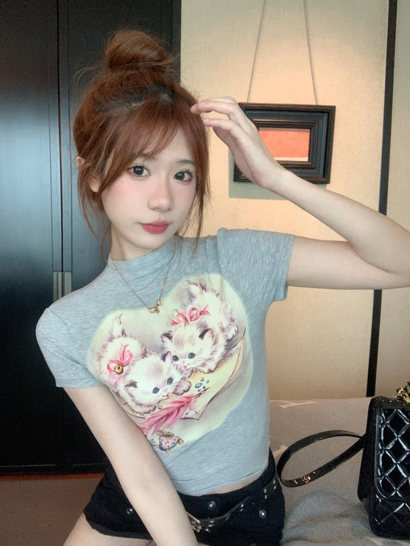 Half-High Collar Cat Printed Short-Sleeved T-Shirt Pure Desire Style Slim-Fit Slimming Chic Shoulder Top Chic - Image 1