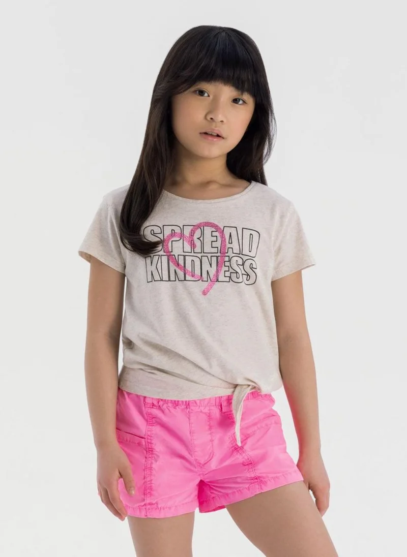 MINOTI Girls tie front t-shirt graphic print beige