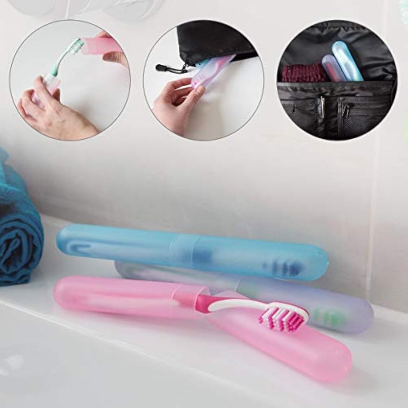 kwmobile Toothbrush Holder Travel Cases - Set of 3 Portable Plastic Tooth Brush Case Containers for Storage and Traveling - Dark Pink/Violet/Light Blue - Image 4