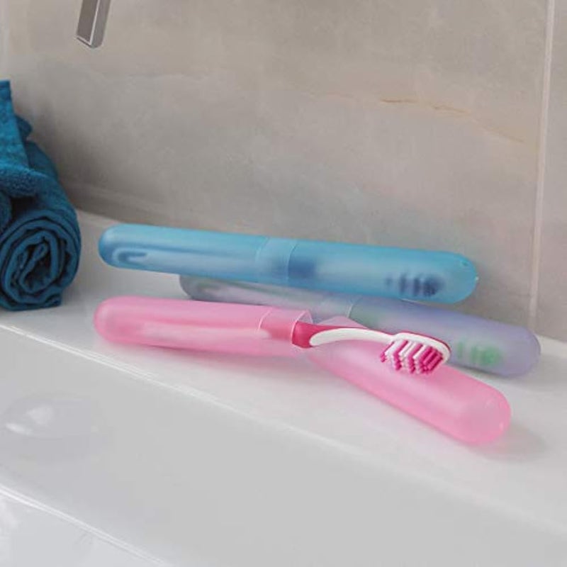 kwmobile Toothbrush Holder Travel Cases - Set of 3 Portable Plastic Tooth Brush Case Containers for Storage and Traveling - Dark Pink/Violet/Light Blue - Image 3