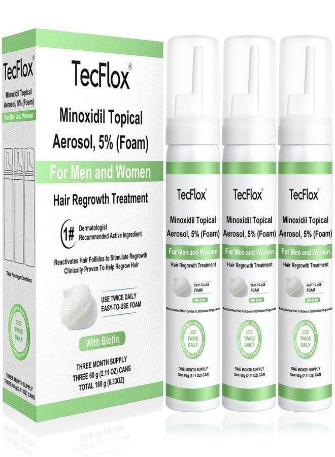 Tecflox Minoxidil Foam - 5% Minoxidil for Men and Women, Hair and Beard Growth with Biotin, Thicker Hair, Unscented, 3 x 2.11 Oz, 3-Month Supply, Hair Loss Treatment,Green - Image 1