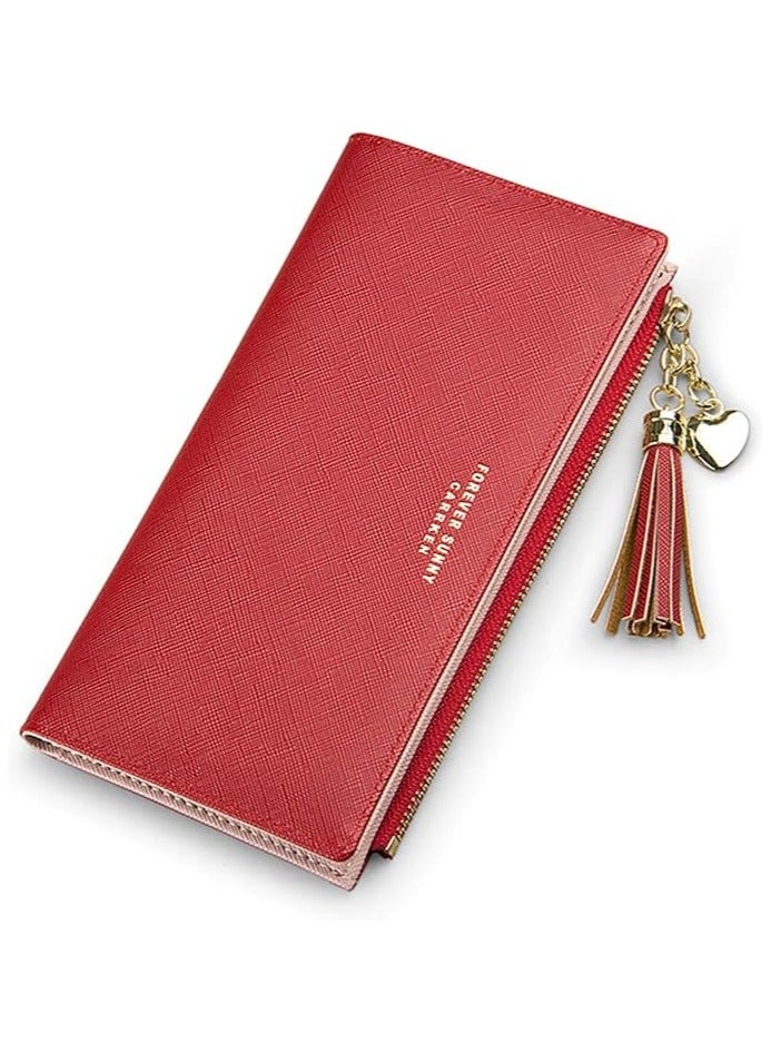 Slim Wallet for Women Long Tassel Zipper Clutch Purse Handbag Card Case Wallet  - Image 1
