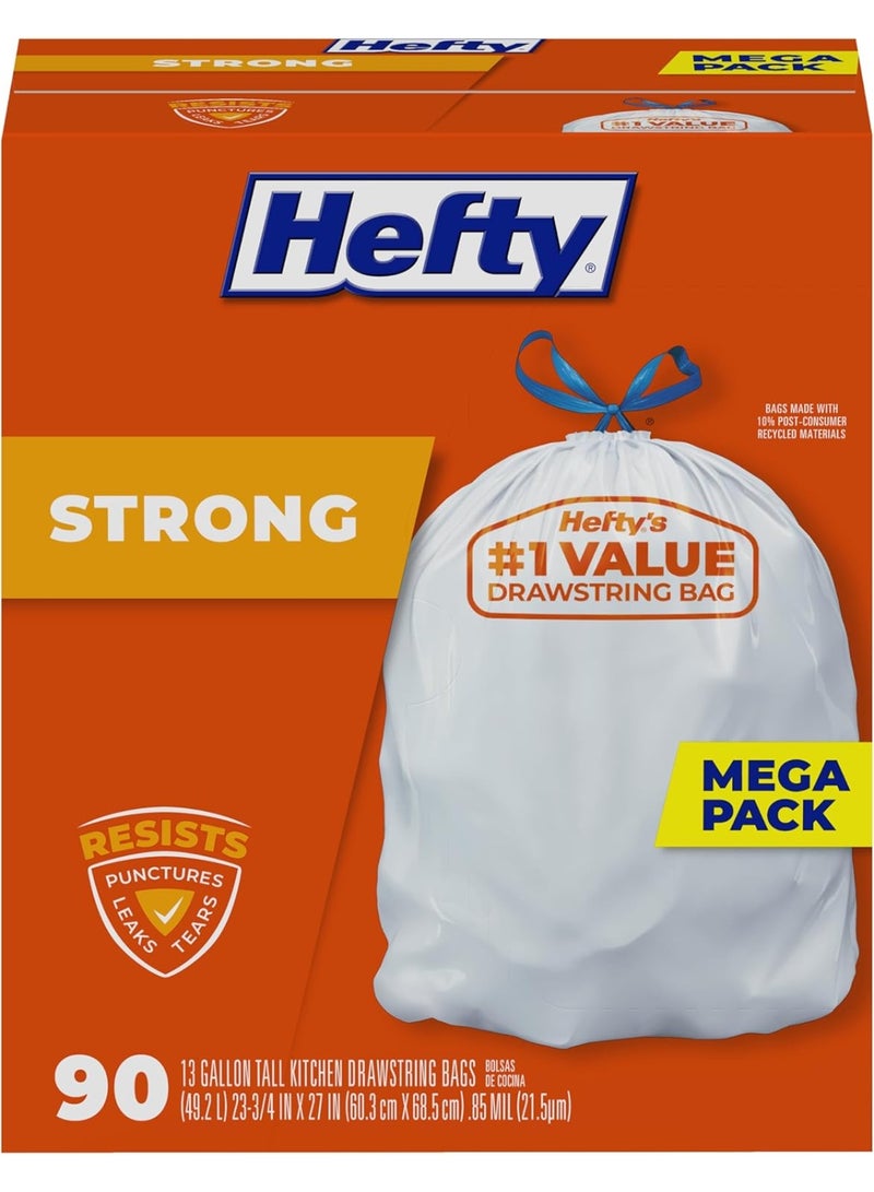 Hefty Strong 13 Gallon Trash Bags Tall Kitchen Trash Bags Unscentedlarge Trash Bags With Drawstrings Durable Closure Resists Leaks Punctures And Tears White Unscented 90 Bags - Image 1