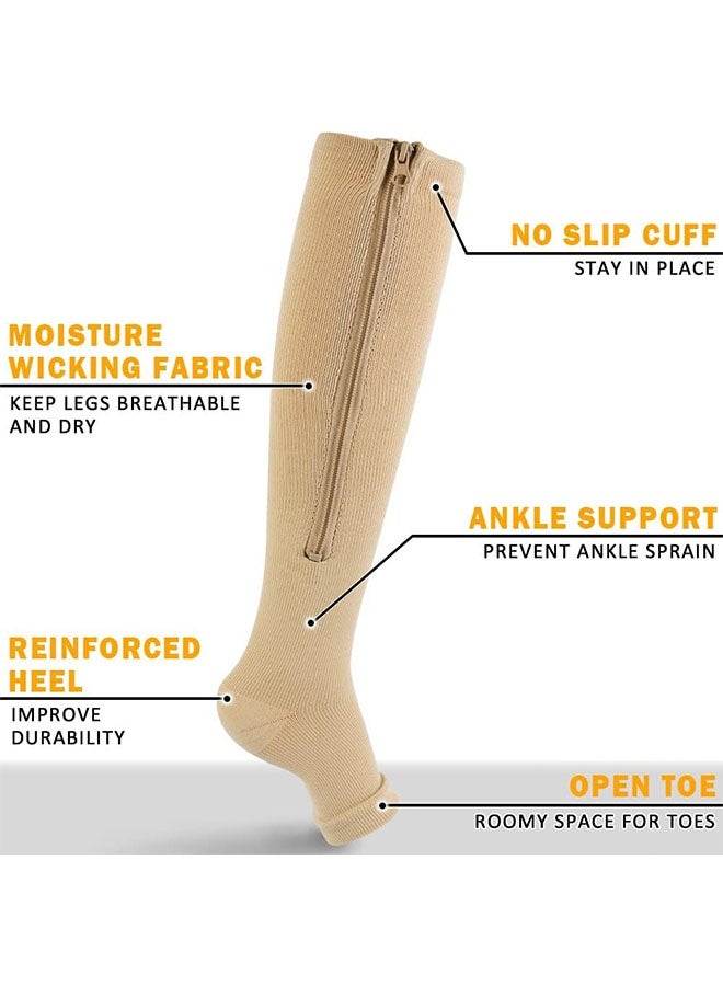 2 Pairs Zipper High Compression Socks for Men & Women Circulation Support, Recovery, Athletic Running, Travel, Achilles Tendon Protection Unisex L/XL (Black,Skin) - Image 4