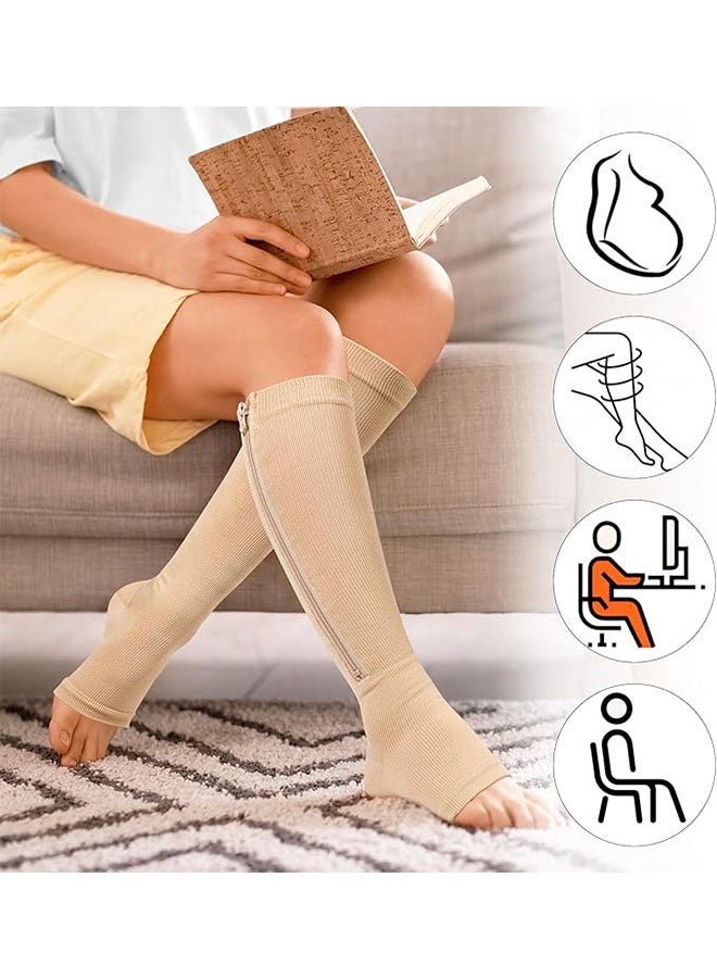 2 Pairs Zipper High Compression Socks for Men & Women Circulation Support, Recovery, Athletic Running, Travel, Achilles Tendon Protection Unisex L/XL (Black,Skin) - Image 5