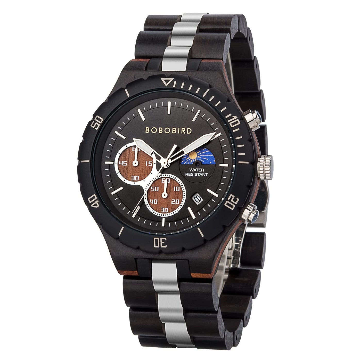 BOBO BIRD Mens Quartz Wooden Watches Stainless Steel Red Sandalwood Alloy Wood Watch for Male Classic Function Wristwatch Chronograph Luminous Hands (Black)