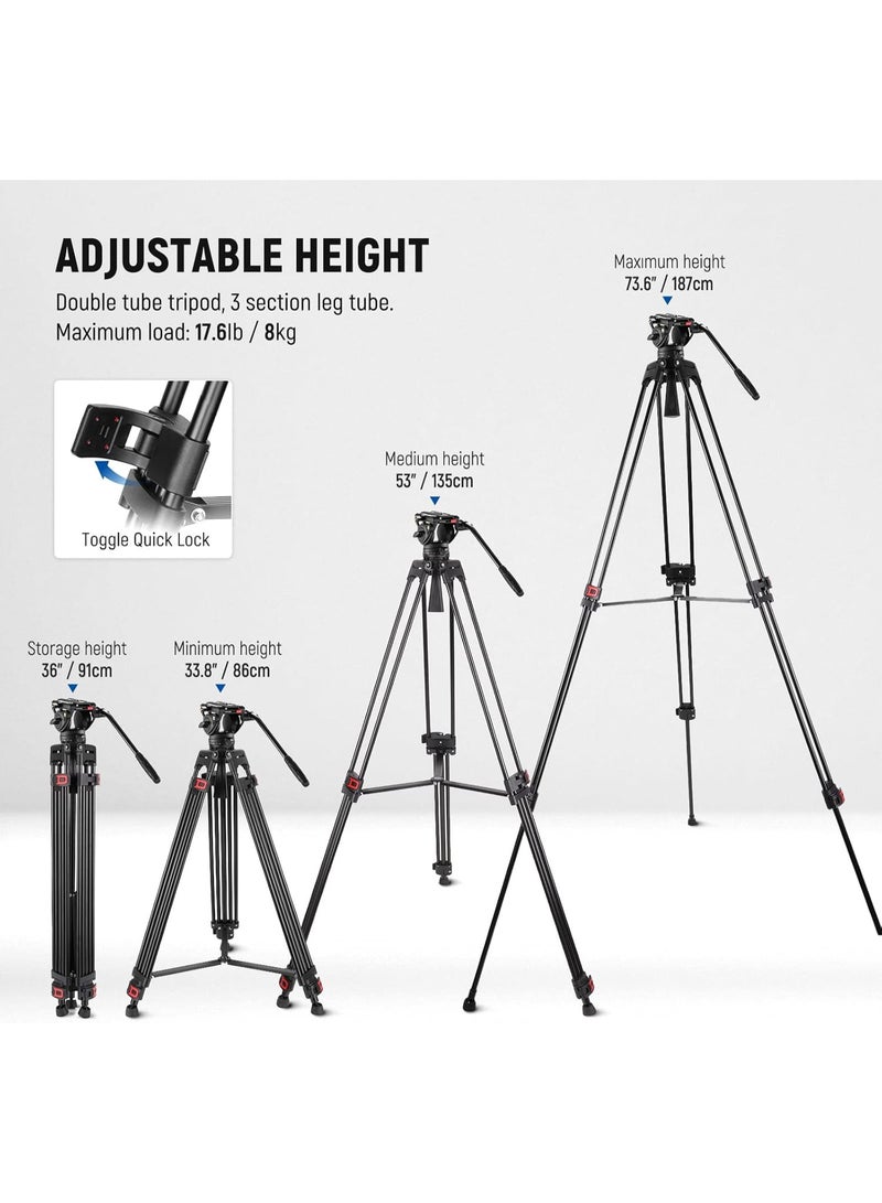 Neewer TP74 74" Pro Video Tripod With Fluid Head – Heavy-Duty Aluminum Tripod for Cameras, Camcorders, Filmmaking, Videography, Studio & Outdoor Shooting - Image 2