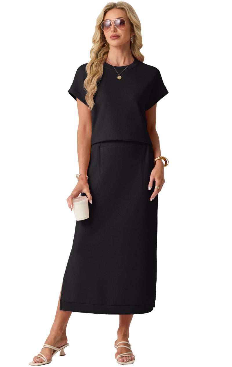 GRECERELLE Women Casual Outfit 2 Piece Set Lightweight Top & Slit Skirt with Pockets for Vacation(Black, X-Large) - Image 3