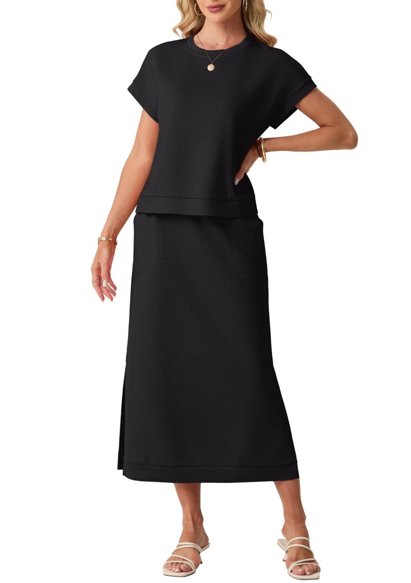 GRECERELLE Women Casual Outfit 2 Piece Set Lightweight Top & Slit Skirt with Pockets for Vacation(Black, X-Large) - Image 1