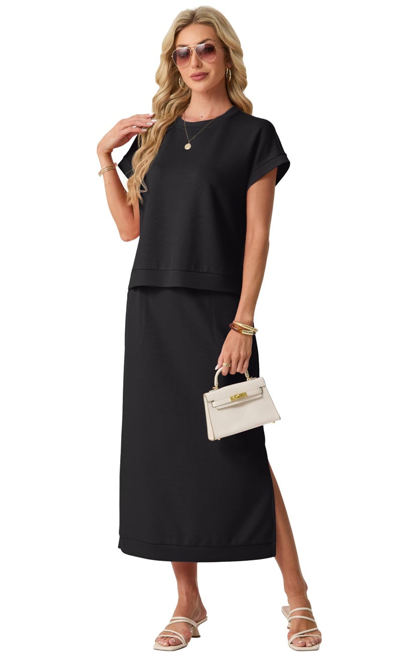 GRECERELLE Women Casual Outfit 2 Piece Set Lightweight Top & Slit Skirt with Pockets for Vacation(Black, X-Large) - Image 4