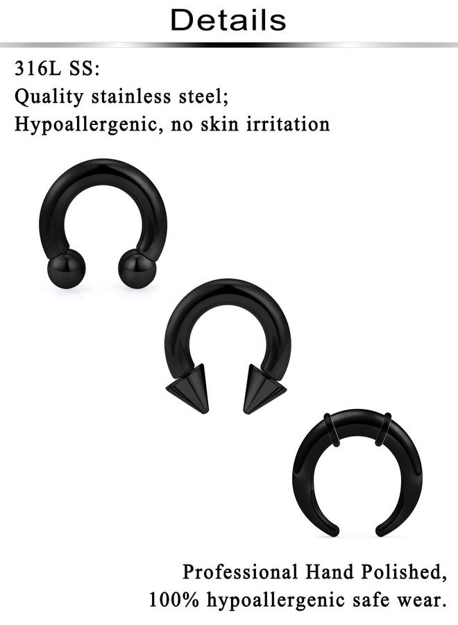 Ftovosyo 6Pcs PA Ring Horseshoe Circular Barbell 316L Surgical Steel Internally Threaded 2G Septum Ring Black Pierced Jewelry for Women 16mm - Image 3