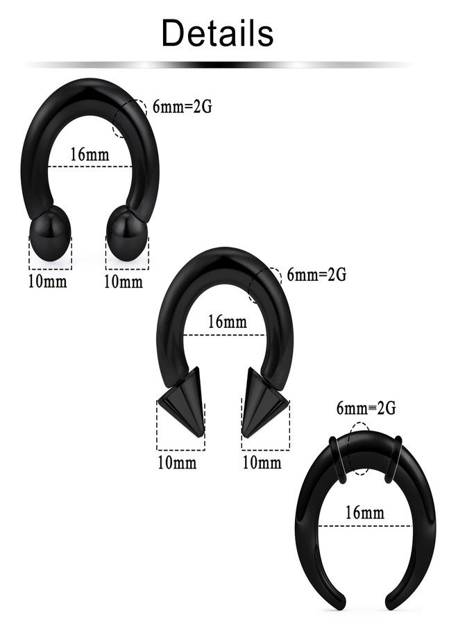 Ftovosyo 6Pcs PA Ring Horseshoe Circular Barbell 316L Surgical Steel Internally Threaded 2G Septum Ring Black Pierced Jewelry for Women 16mm - Image 2