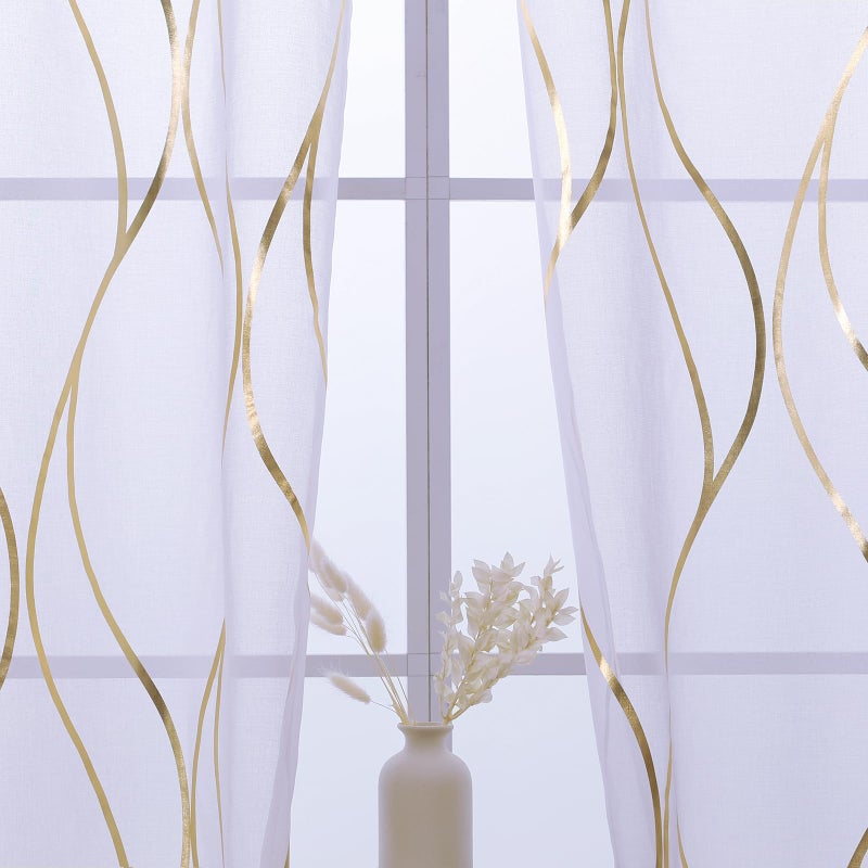 L.Z.E Gold White Sheer Curtains 63 Inch Length for Living Room 2 Panels Set Short Bedroom See Through Sheer Curtains & Drapes Grommet Top Transparent Sheers with Wave Patterns (54"" W x 63"" L) - Image 3