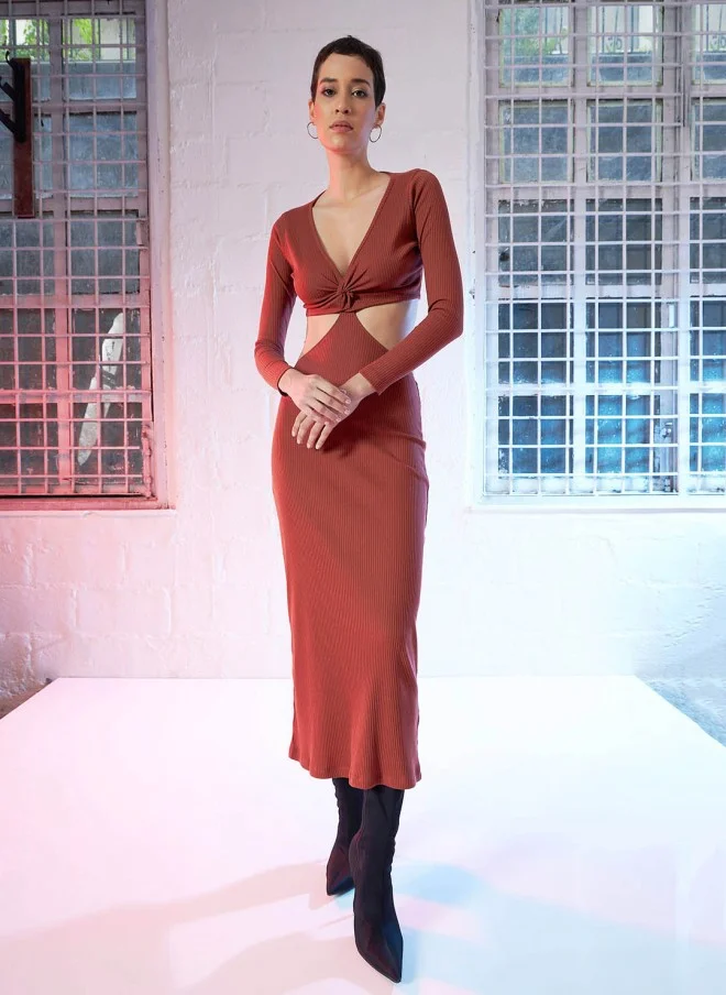 SASSAFRAS Rust V-Neck Long Sleeve Cut-Outs Maxi Dress for Women