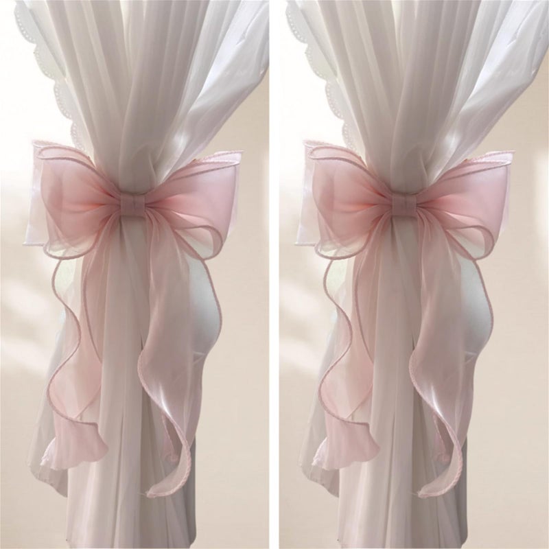 RandomParty 2 Pack French Silky Bow Curtain Tiebacks, Elegant Lace Ribbon for Curtains Decorative Rope Accessories Home DÃ©cor (Pink,2) - Image 1