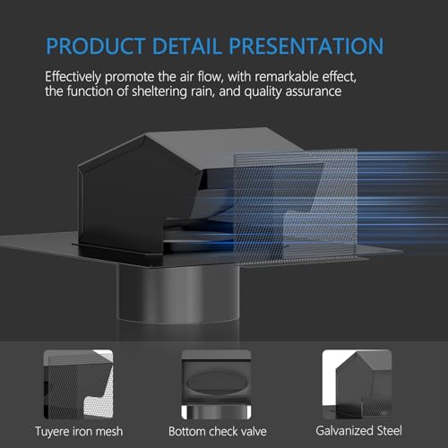 Hon&Guan Roof Vent Cap - Hon&Guan Roof Vents 4 Inch Galvanized Steel Bathroom 4 Roof Exhaust Vent for Ventilation System-with Damper, Black - Image 4