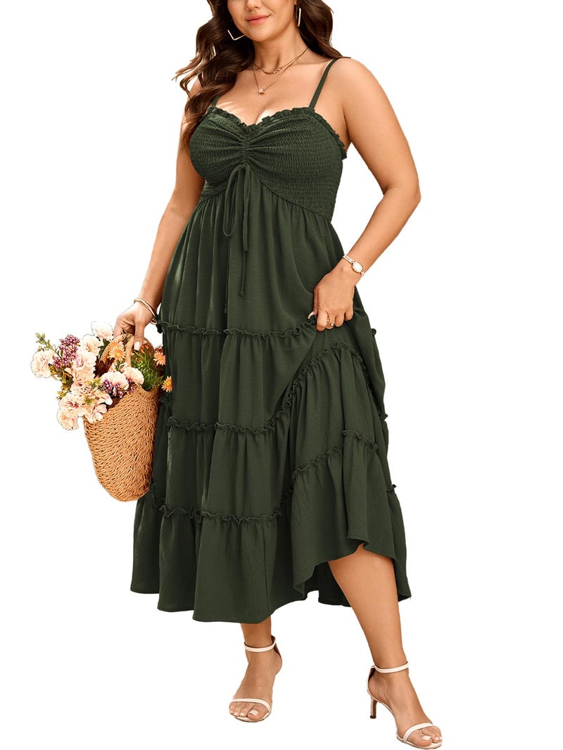 SHESTARR Plus Size Spaghetti Strap Summer Dress Drawstring Sweetheart Smocked Tiered Ruffle Maxi Flowy Casual Boho Dresses Green - Image 1