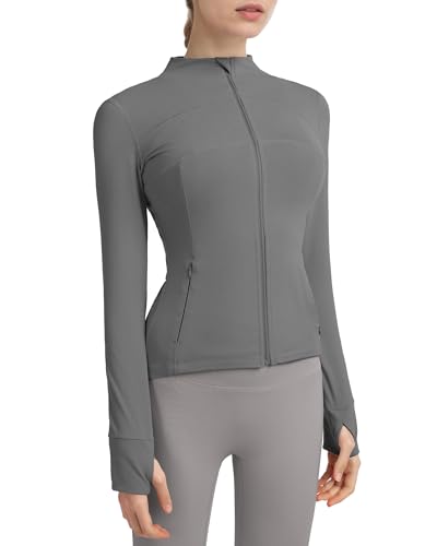 Locachy Women's Slim Fit Full Zip Athletic Running Sports Workout Jacket with Thumb Holes 01 Grey L - Image 1