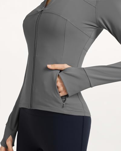 Locachy Women's Slim Fit Full Zip Athletic Running Sports Workout Jacket with Thumb Holes 01 Grey L - Image 5