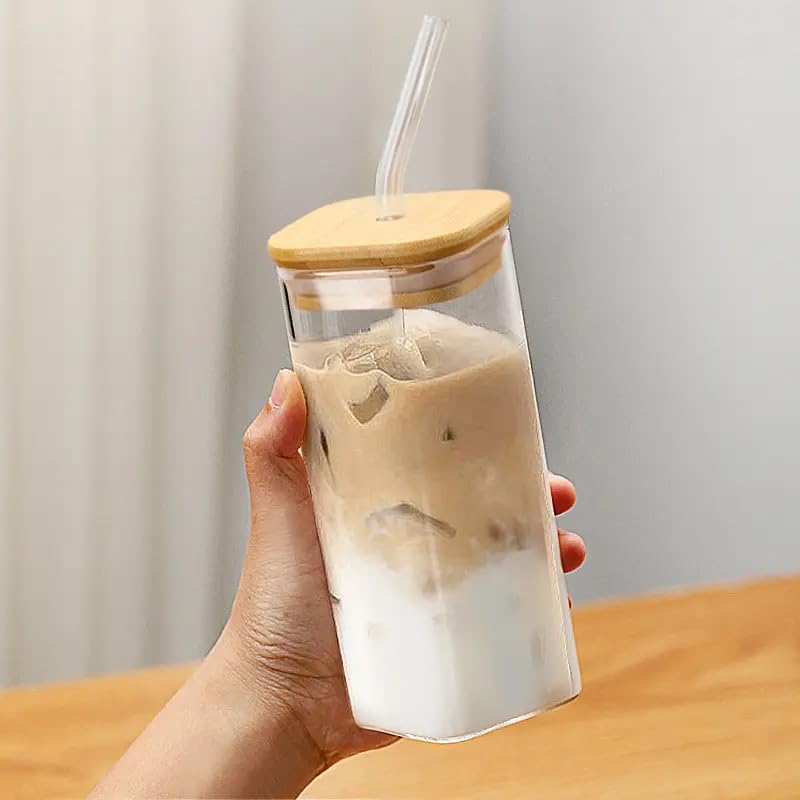 ZROY ENTERPRISE Wooden Lid Drinking Glass Sipper Straw Tumbler Mug | 400ml | Beer Soda and Tea Coffee Can Fruit Juice Milk Water Cup Cocktail, Smoothie Gift Glasses (1, Square) - Image 1