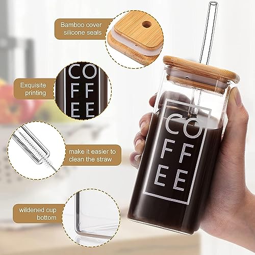 ZROY ENTERPRISE Wooden Lid Drinking Glass Sipper Straw Tumbler Mug | 400ml | Beer Soda and Tea Coffee Can Fruit Juice Milk Water Cup Cocktail, Smoothie Gift Glasses (1, Square) - Image 2