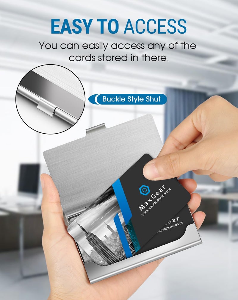 MaxGear Metal Business Card Holder for Men & Women, Professional Stainless Steel Card Case for Business Cards, Slim Purse Name Cards Holders with Interior Lining, Buckle Style Shut, Silver Mirror - Image 2