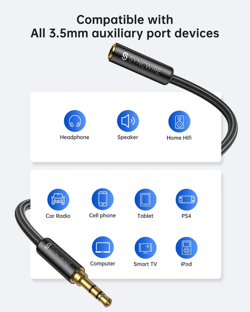 Syncwire Headphone Extension Cable - 6FT [Hi-Fi Sound][Gold Plated Jack][TRS] Nylon-Braided 3.5mm Male to Female Audio Extension Cord Compatible with iPhone iPad Smartphone Tablets Media Players - Image 2