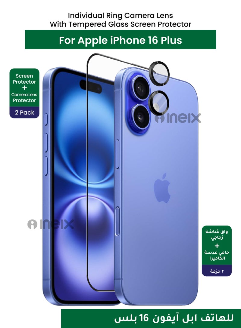 INEIX Full BodyTempered Glass Screen Protector with Individual Ring Camera Lens Anti Scratch Protector for iPhone 16 Plus-Clear/Black