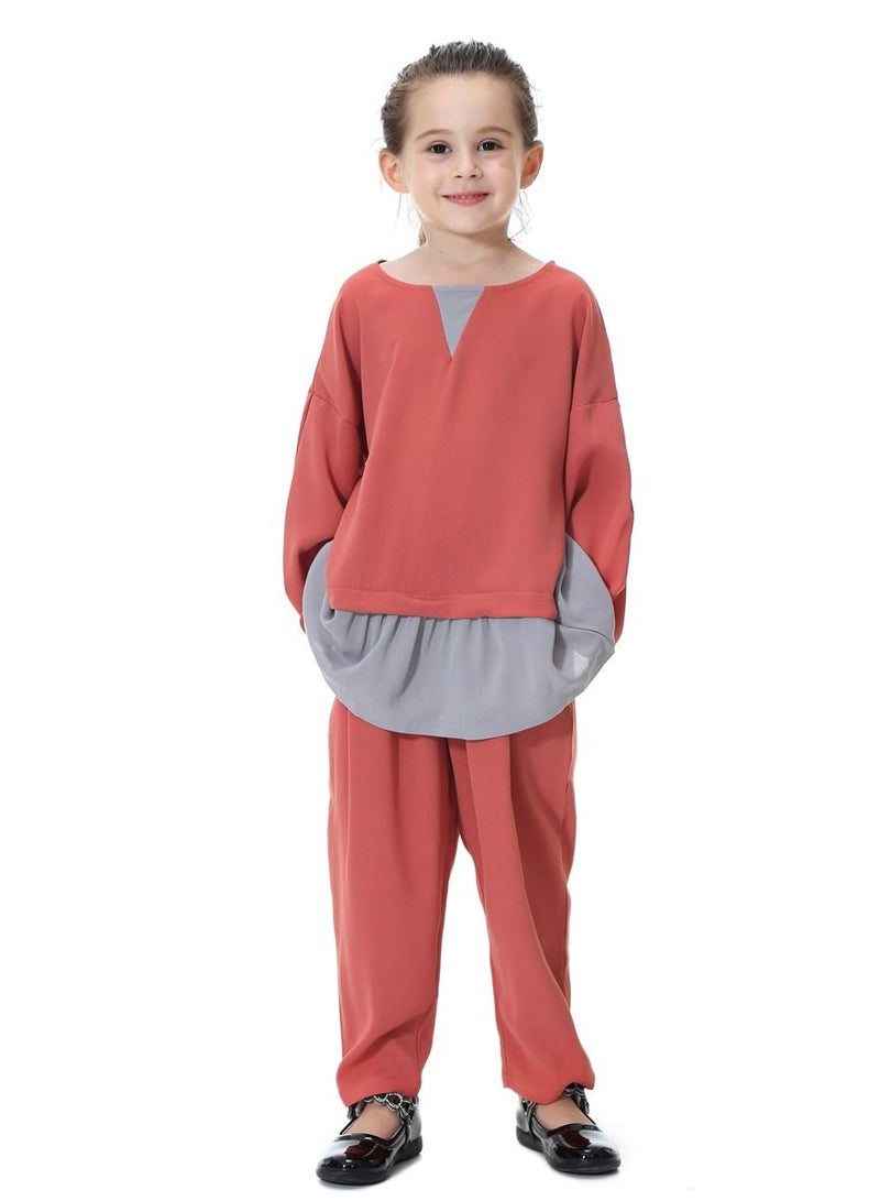 Loquat Girl's 2-Piece Set Outfit Round Neck Top And Loose Harem Pants Suit Brick Red/Grey  - Image 1