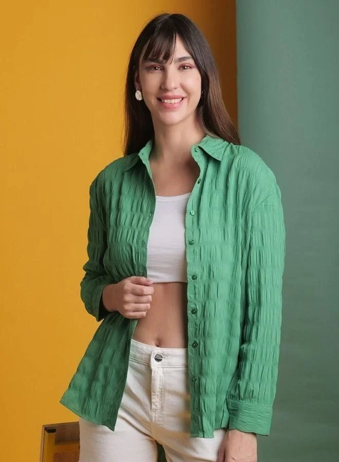 مرفوعة Women Oversized Fit Solid Round Neck Long Sleeve Oversized Shirt