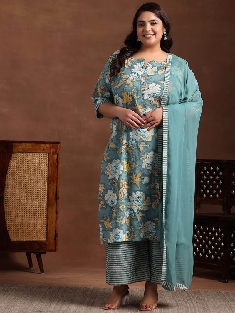 MEERA FAB Plus Size Floral Printed Pure Cotton Kurta With Palazzo & Dupatta - Image 2