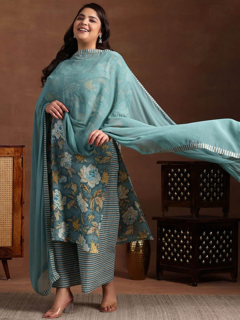 MEERA FAB Plus Size Floral Printed Pure Cotton Kurta With Palazzo & Dupatta - Image 3