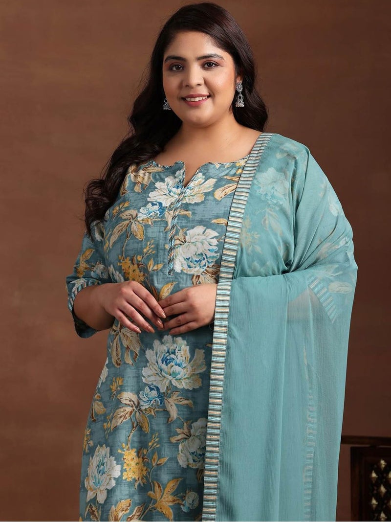 MEERA FAB Plus Size Floral Printed Pure Cotton Kurta With Palazzo & Dupatta - Image 4