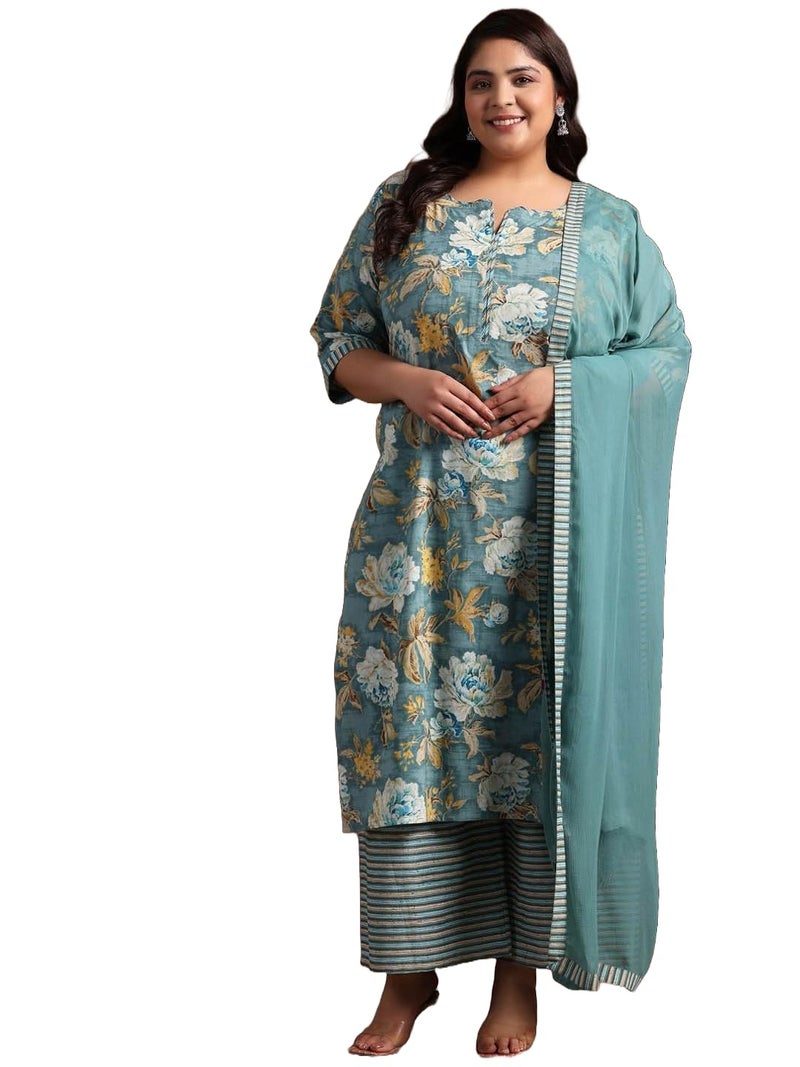 MEERA FAB Plus Size Floral Printed Pure Cotton Kurta With Palazzo & Dupatta - Image 1