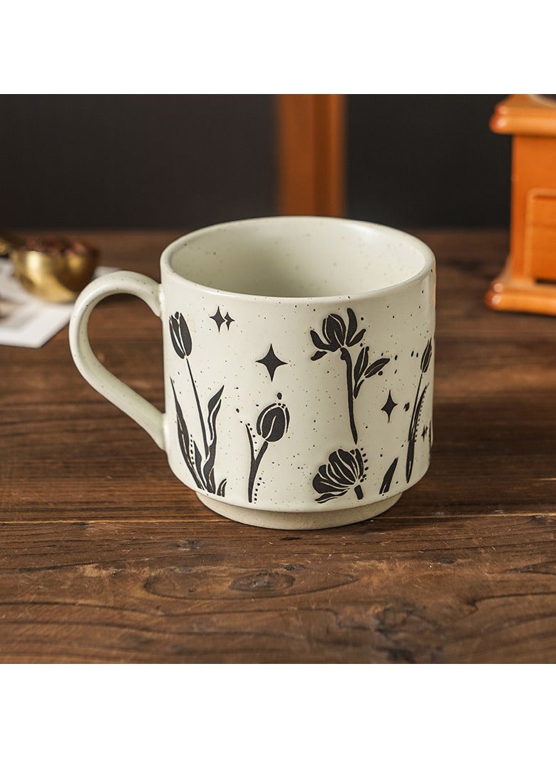 Ceramic Artistic Coffee Mug, Nordic Style Handmade Pottery Mug, Creative Vintage Floral Pattern Latte Cappuccino Tea Cup, Home Water Cup, Office Coffee Cup,310ML - Image 1
