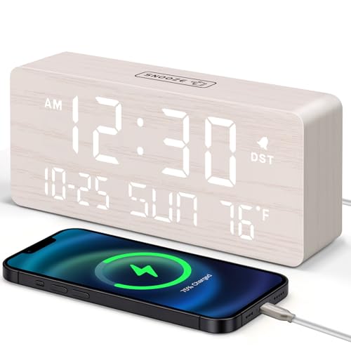 DreamSky Wooden Digital Alarm Clocks for Bedrooms - Living Room Desk Clock with Date and Day of Week, Temperature, USB Port, Dimmer Wheel, Adjustable Volume, Auto DST, Wood Decor for Office Table - Image 1