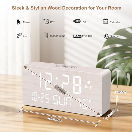 DreamSky Wooden Digital Alarm Clocks for Bedrooms - Living Room Desk Clock with Date and Day of Week, Temperature, USB Port, Dimmer Wheel, Adjustable Volume, Auto DST, Wood Decor for Office Table - Image 2