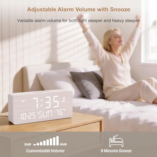 DreamSky Wooden Digital Alarm Clocks for Bedrooms - Living Room Desk Clock with Date and Day of Week, Temperature, USB Port, Dimmer Wheel, Adjustable Volume, Auto DST, Wood Decor for Office Table - Image 3