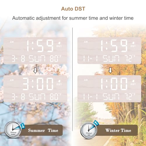 DreamSky Wooden Digital Alarm Clocks for Bedrooms - Living Room Desk Clock with Date and Day of Week, Temperature, USB Port, Dimmer Wheel, Adjustable Volume, Auto DST, Wood Decor for Office Table - Image 4