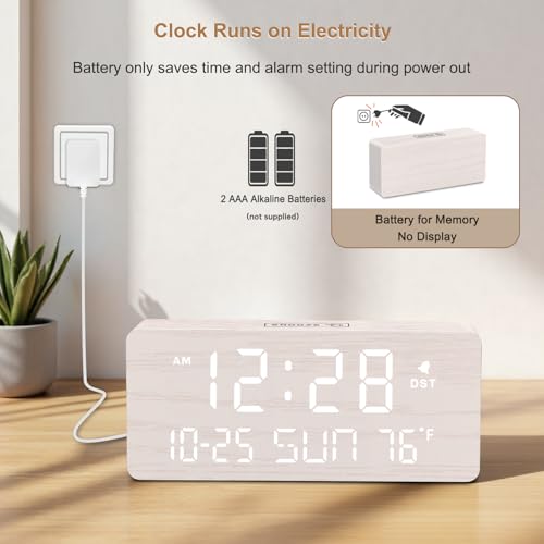 DreamSky Wooden Digital Alarm Clocks for Bedrooms - Living Room Desk Clock with Date and Day of Week, Temperature, USB Port, Dimmer Wheel, Adjustable Volume, Auto DST, Wood Decor for Office Table - Image 5