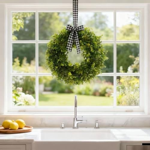 Hiptree 22 Inch Boxwood Wreath for Front Door-Artificial Spring Greenery Indoor Outdoor Wreaths Decorations, Farmhouse Wall Decor-Wedding,Summer, Fall, Winter,Easter, Green All Year Round,DIY Wreaths - Image 4