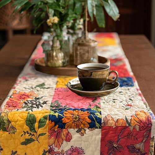 Art Pinecone Cotton Quilted Floral Patchwork Table Runner 54 Inches Long – Handmade Farmhouse Table Runner for Dining Room, Coffee Table, or Buffet (Floral, 13*54) - Image 4