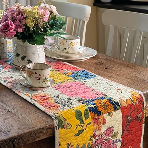 Art Pinecone Cotton Quilted Floral Patchwork Table Runner 54 Inches Long – Handmade Farmhouse Table Runner for Dining Room, Coffee Table, or Buffet (Floral, 13*54) - Image 1