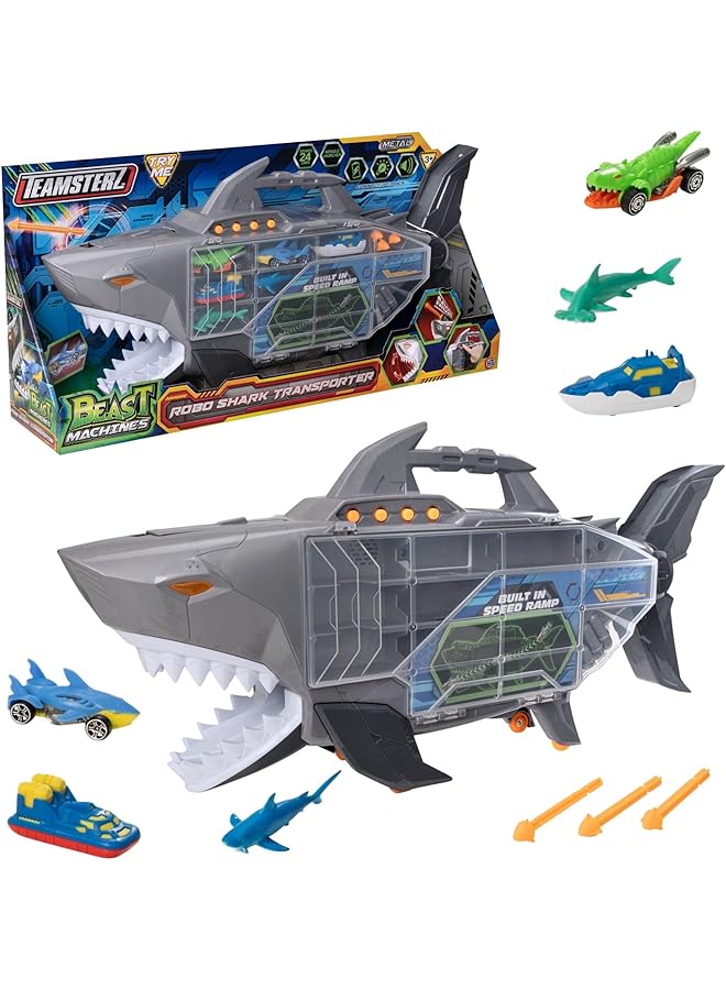 تيم ستيرز بيست ماشينز، ناقل سمك القرش، ضوء وصوت، يتميز بألعاب السيارات والقوارب وتماثيل سمك القرش التي تطلق النار على سمك القرش بالصواريخ، وشخصيات لعب الأطفال ومركبات نقل الألعاب للأعمار من 3 سنوات فما فوق - Image 1